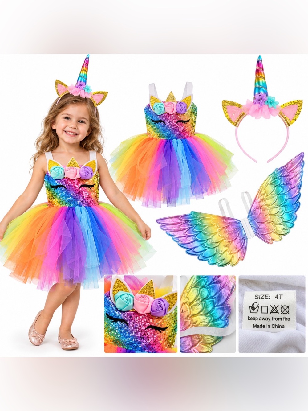 Girls Unicorn Halloween Costume Size 4T Rainbow Tutu Dress Wings & Headband